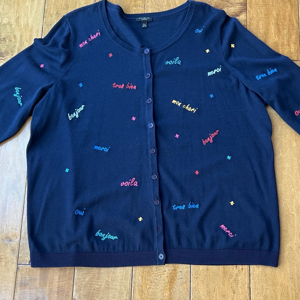 Talbots Navy Charming Cardigan  Multicolor Embroidery (French Phrases)  Plus 2XP